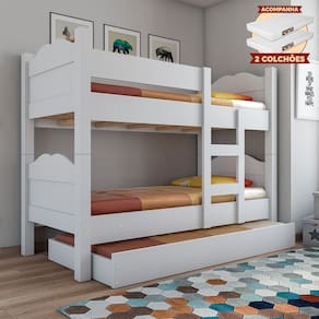 Beliche Reforçada Madrid com Grades de Proteção e Cama Removível - Branco com 2 Colchões