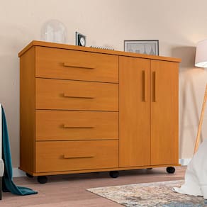 Cômoda Geval Encanto Mdf com 04 Gavetas 02 Portas e Rodízios - Nature