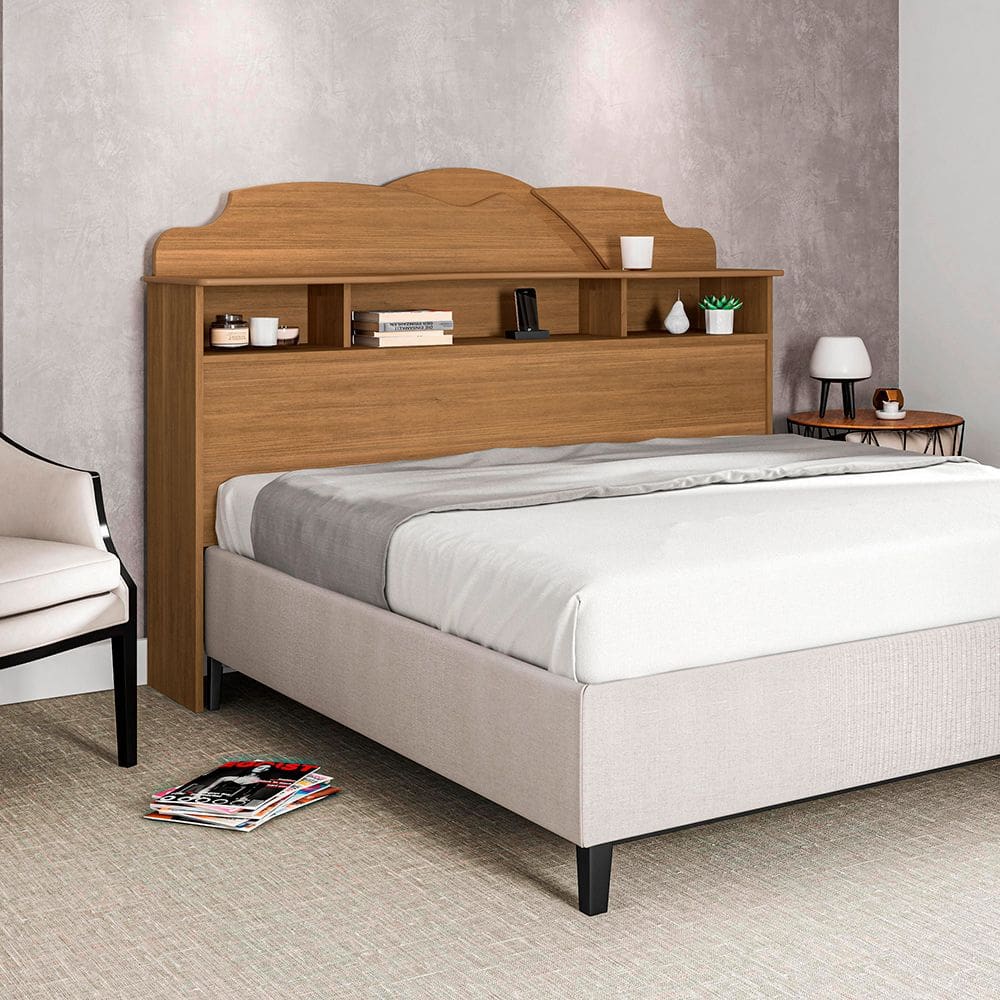 Cabeceira Casal Premium Cama Box 1,40m com Nicho Cristal - Amêndoa