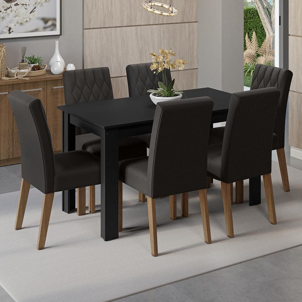 Conjunto Sala de Jantar Mesa Tampo de Madeira 6 Cadeiras Rustic/Preto/Oxford Allegro Madesa