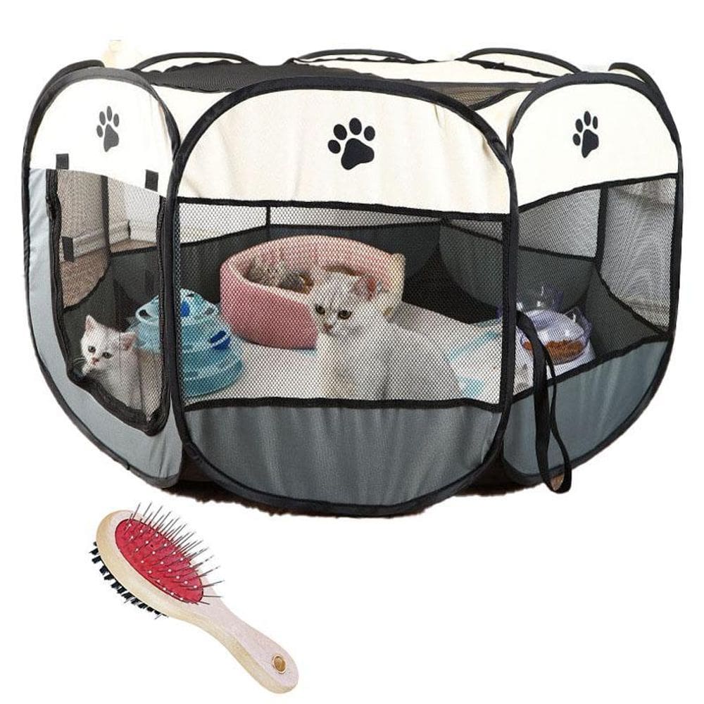 Cercado Extra Grande Cão Gato Pet Portátil Cinza + Escova