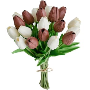 Flores falsas de seda artificial de tulipa Mandy, 20 unidades brancas/marrons