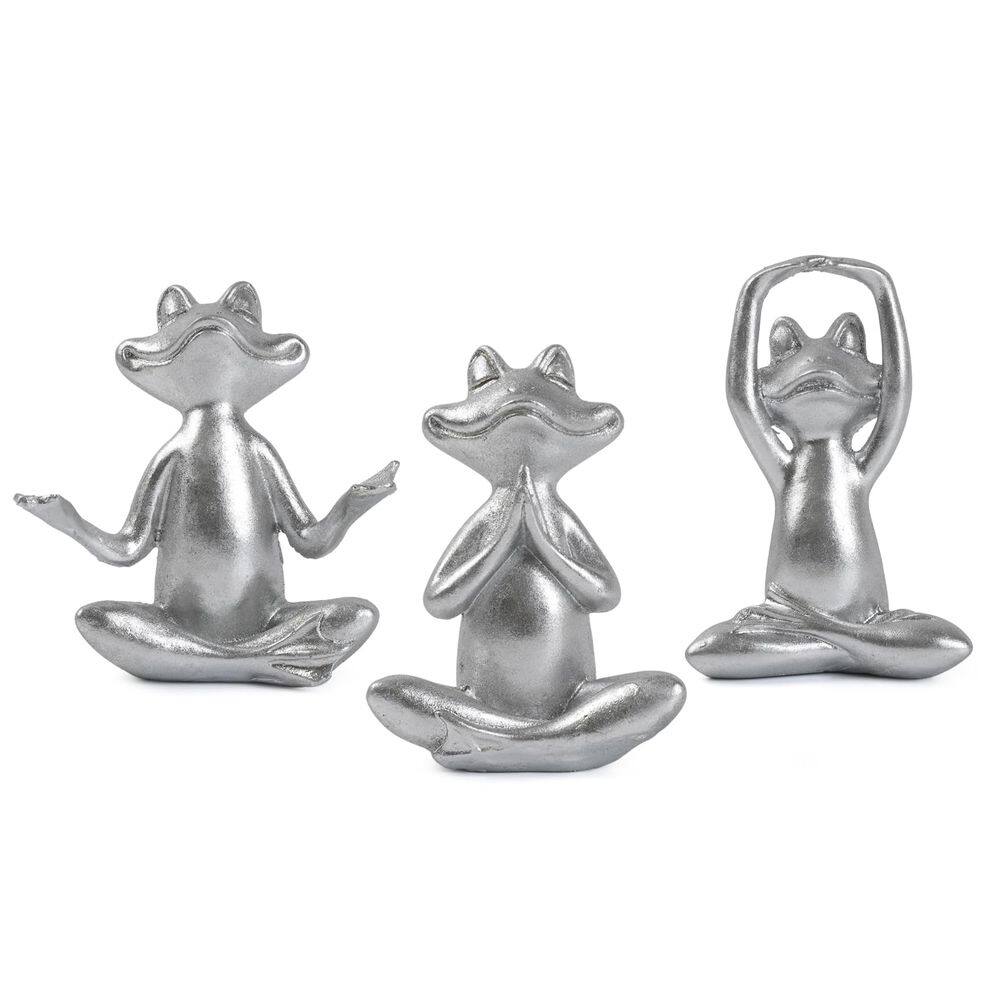 Conjunto de 3 estatuetas de sapo para decoração de ioga em resina prateada para casa