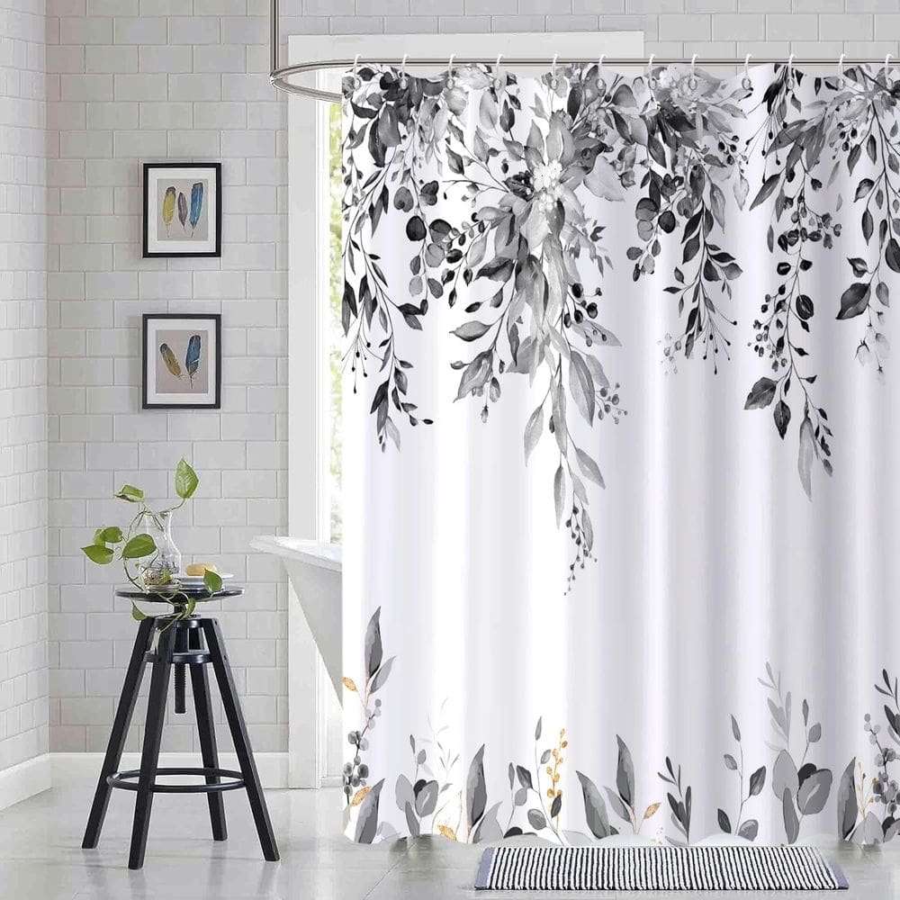 Cortina de chuveiro Caheansi em preto e branco com folhas de eucalipto