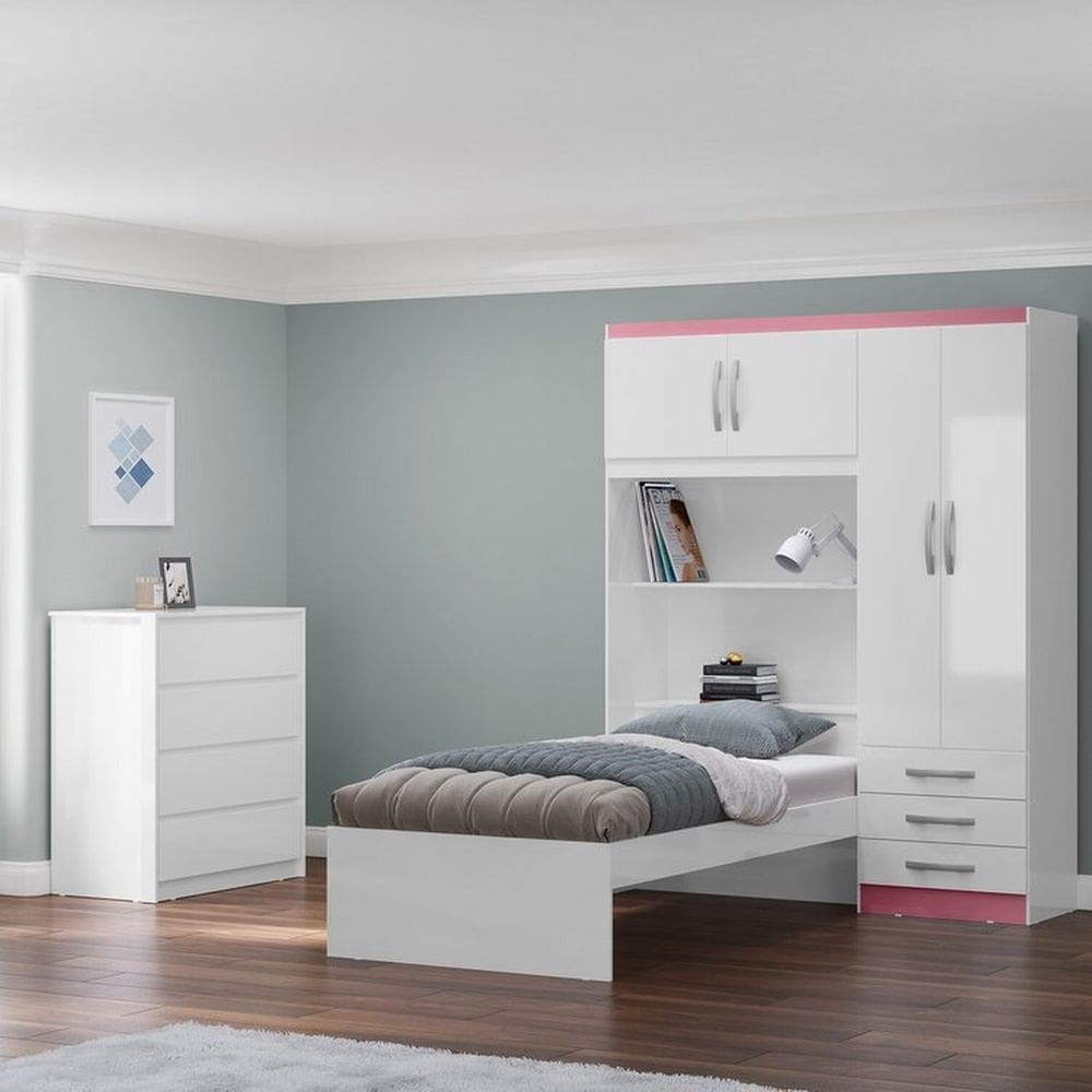 Conjunto Infantil Guarda-Roupa com cama Lisboa 4 Portas e 3 Gavetas com Cômoda Carla 4 Gavetas Branco/Rosa