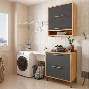 Conjunto para Lavanderia com 2 Peças 100% Mdf Vicenza Espresso Móveis Amêndoa/Cinza
