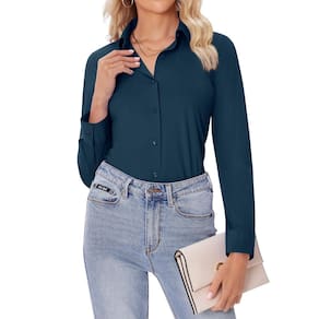 Camisas de botão para mulheres Siliteelon Slim Fit 2GG, azul