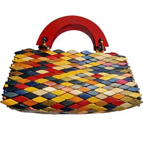 Bolsa Artesanal Madeira Envernizada Colorida Alça Vermelha
