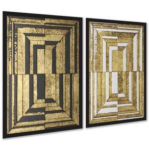 Kit 2 Quadros Abstratos Efeito 3D Preto Branco Ouro 24X18Cm