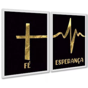 Kit 2 Quadros Fé Esperança - Preto Com Dourado 24X18Cm