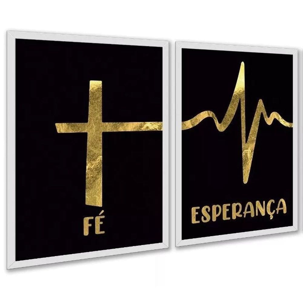 Kit 2 Quadros Fé Esperança - Preto Dourado 33X24Cm - Vidro
