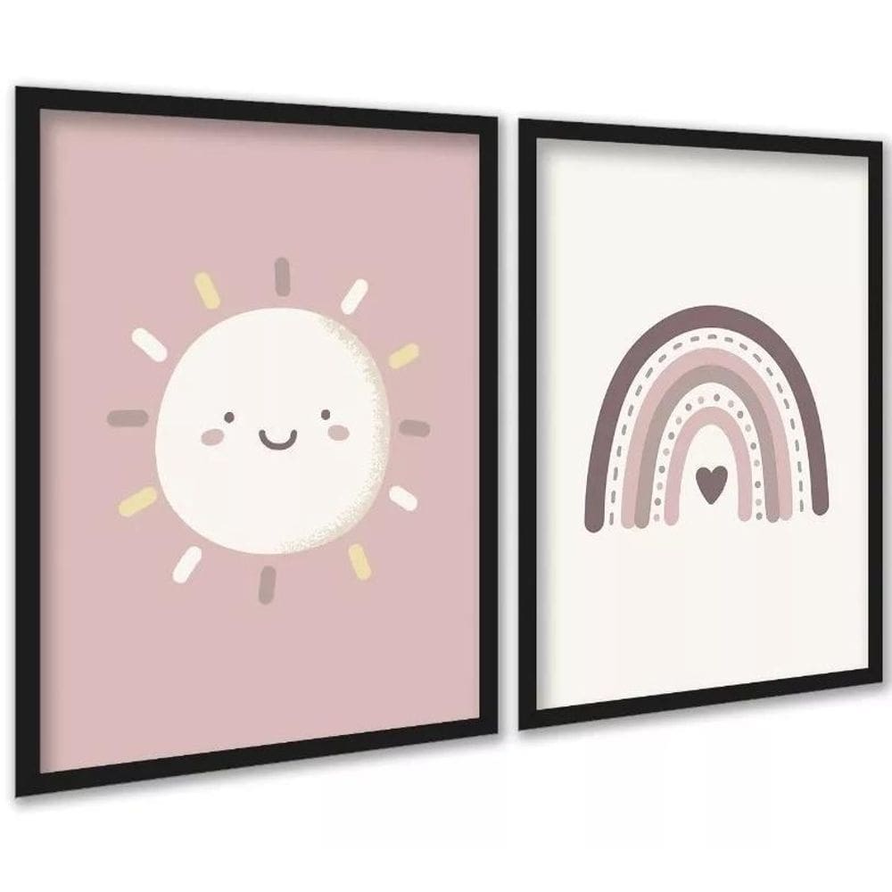 Kit 2 Quadros Infantis Sol E Arco-Íris Rosê 24X18Cm - Vidro