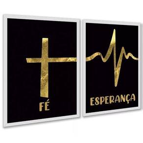 Kit 2 Quadros Fé Esperança - Preto Com Dourado 33X24Cm