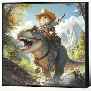 Arte de parede em tela Funny Cat Rides Dinosaur Cowboy Hat Poster