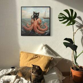 Pôster com arte de parede Cute Black Cat Vs. Polvo 40x40cm emoldurado