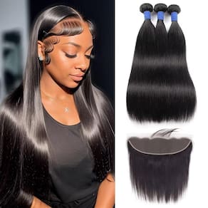 Pacotes de cabelo + Frontal 10A em linha reta 30cm 35cm 40cm + 25cm