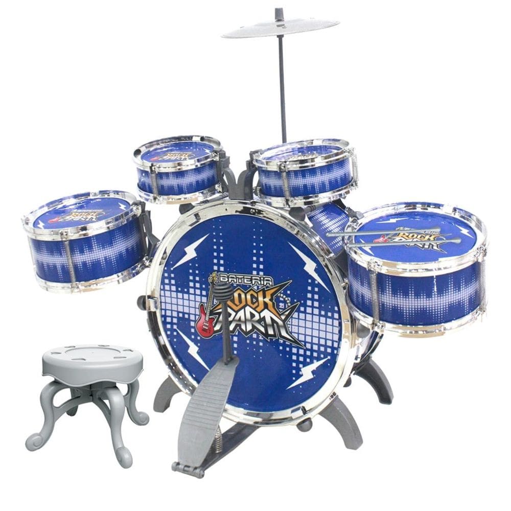 Bateria Rock Party Instrumento Infantil C/ Banquinho E Pedal