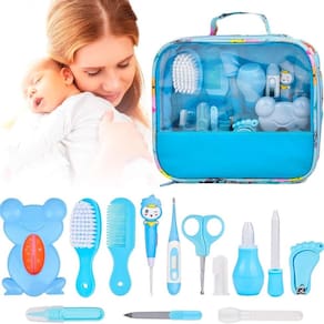 Kit Higiene Bebê Azul Aspirador Nasal Escova Tesoura