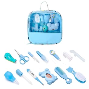 Kit Higiene Bebê Azul Escova Tesoura Aspirador Nasal Bolsa