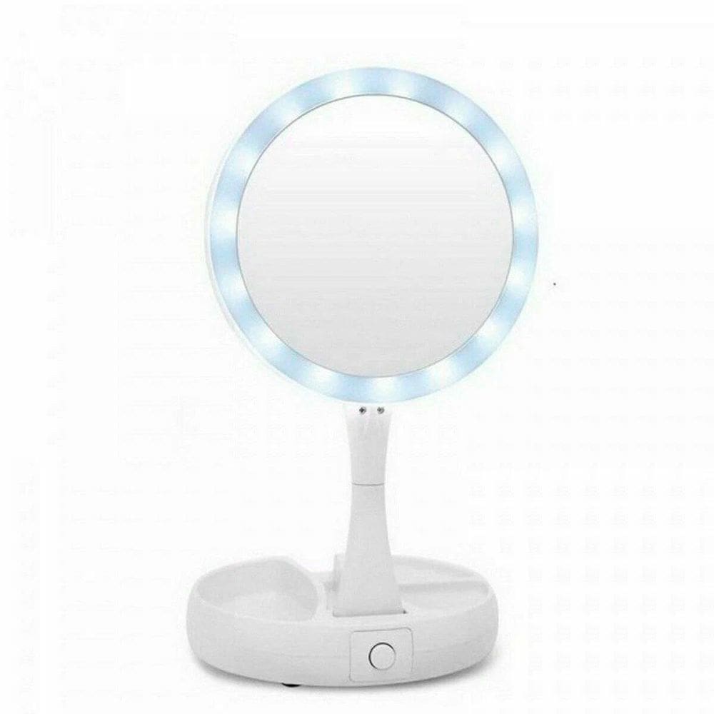 Espelho Led Com Zoom 10X Dupla Face Iluminado Dobrável