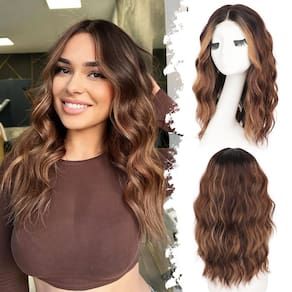 Peruca Eawwii Brown Highlight Short Wavy para mulheres de 18 polegadas