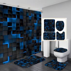 Conjunto de cortinas de chuveiro LQCOOL, 4 peças de cubos 3D pretos com tapetes (preto e azul)