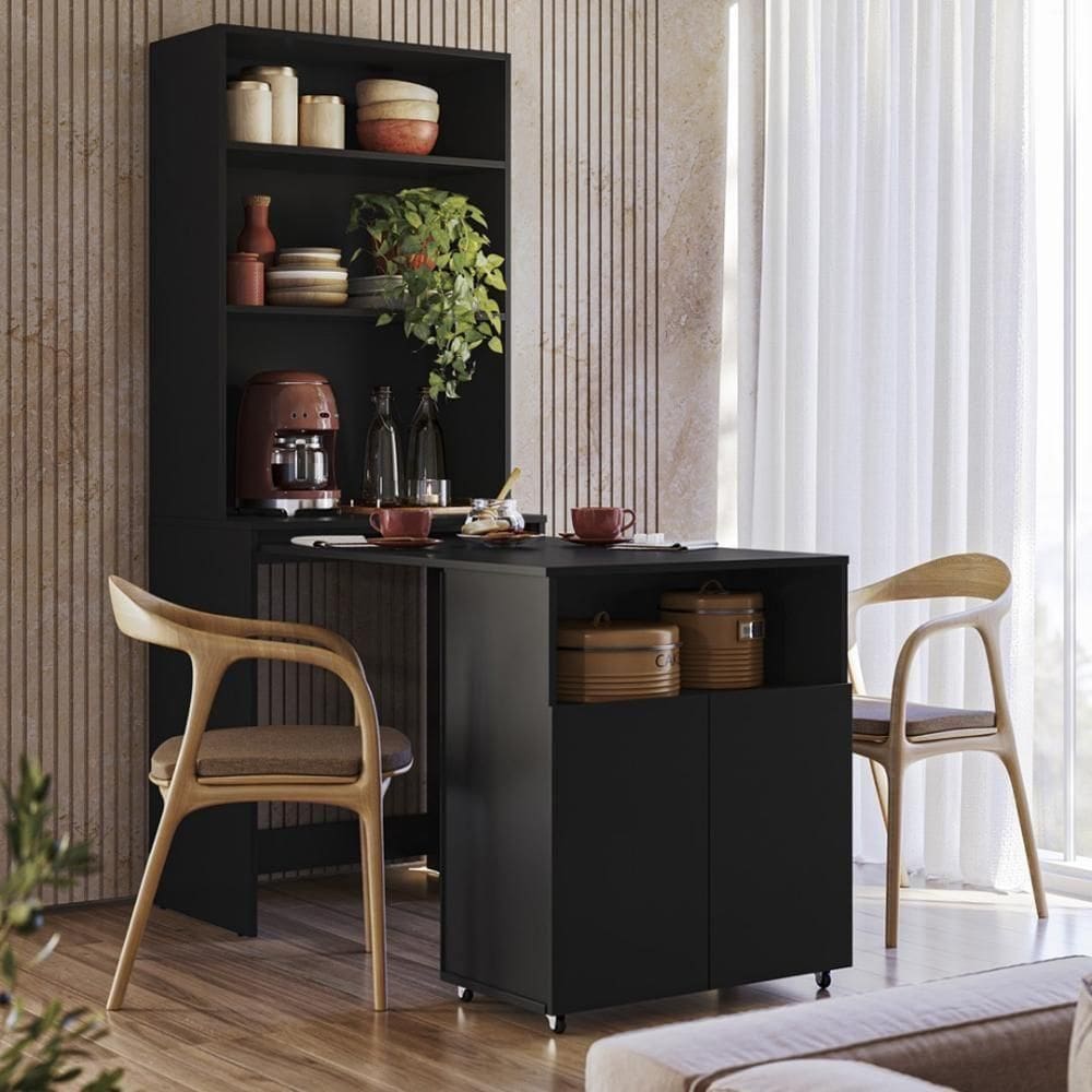 Armário Bancada De Cozinha 2 Portas Com Mesa Retrátil Duo Preto
