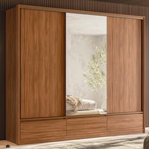Guarda Roupa Casal 3 Portas Com Espelho E 7 Gavetas Lounge Nogueira Preto Prime Tx