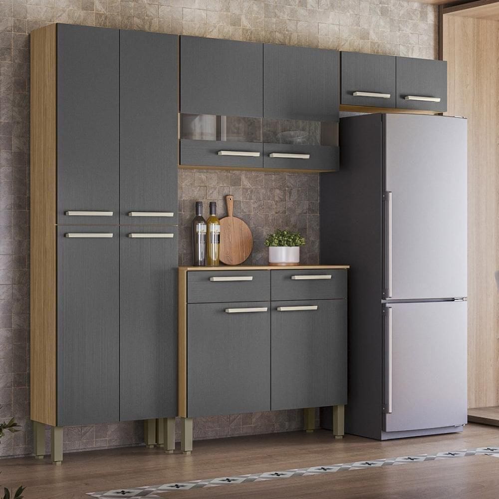 Armário De Cozinha Completa Mdf 10 Portas 2 Gavetas Nala Plus Freijó Gris