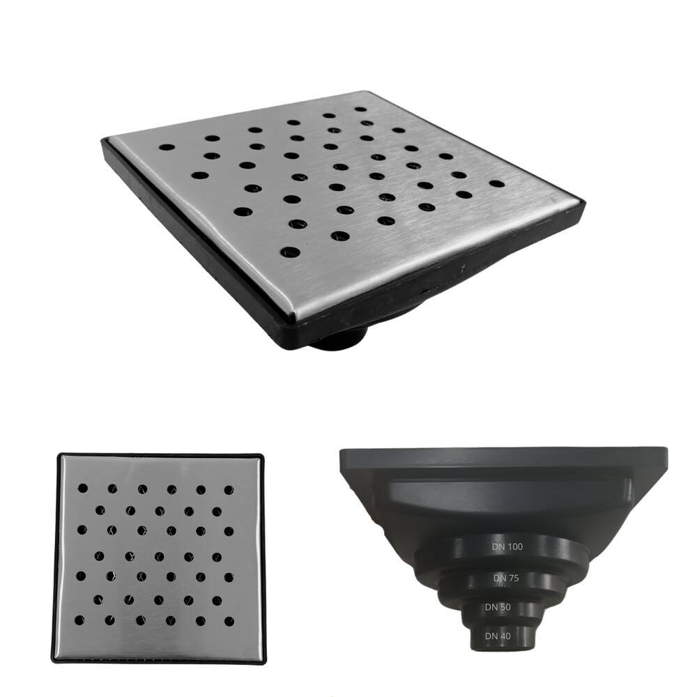 Ralo Inox 304 modelo 15x15 Bolinhas com Tela e Coletor Preto Saída Adapt de 40mm até 100mm