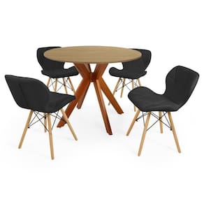 Conjunto Mesa De Jantar Redonda Marci 100cm Natural Com 4 Cadeiras Slim - Preto