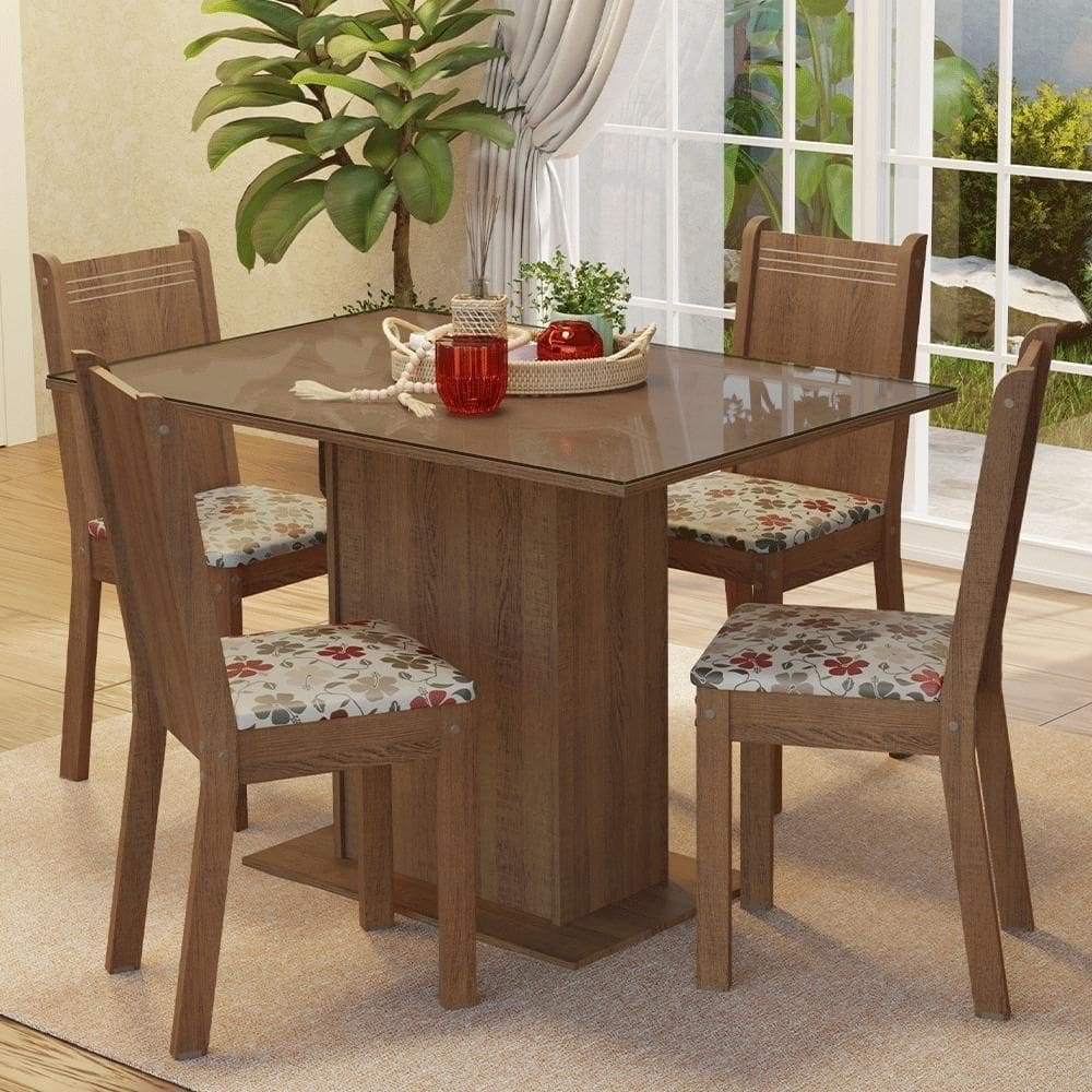 Conjunto Sala De Jantar Mesa Tampo De Vidro 4 Cadeiras Rustic/hibiscos Camélia Madesa