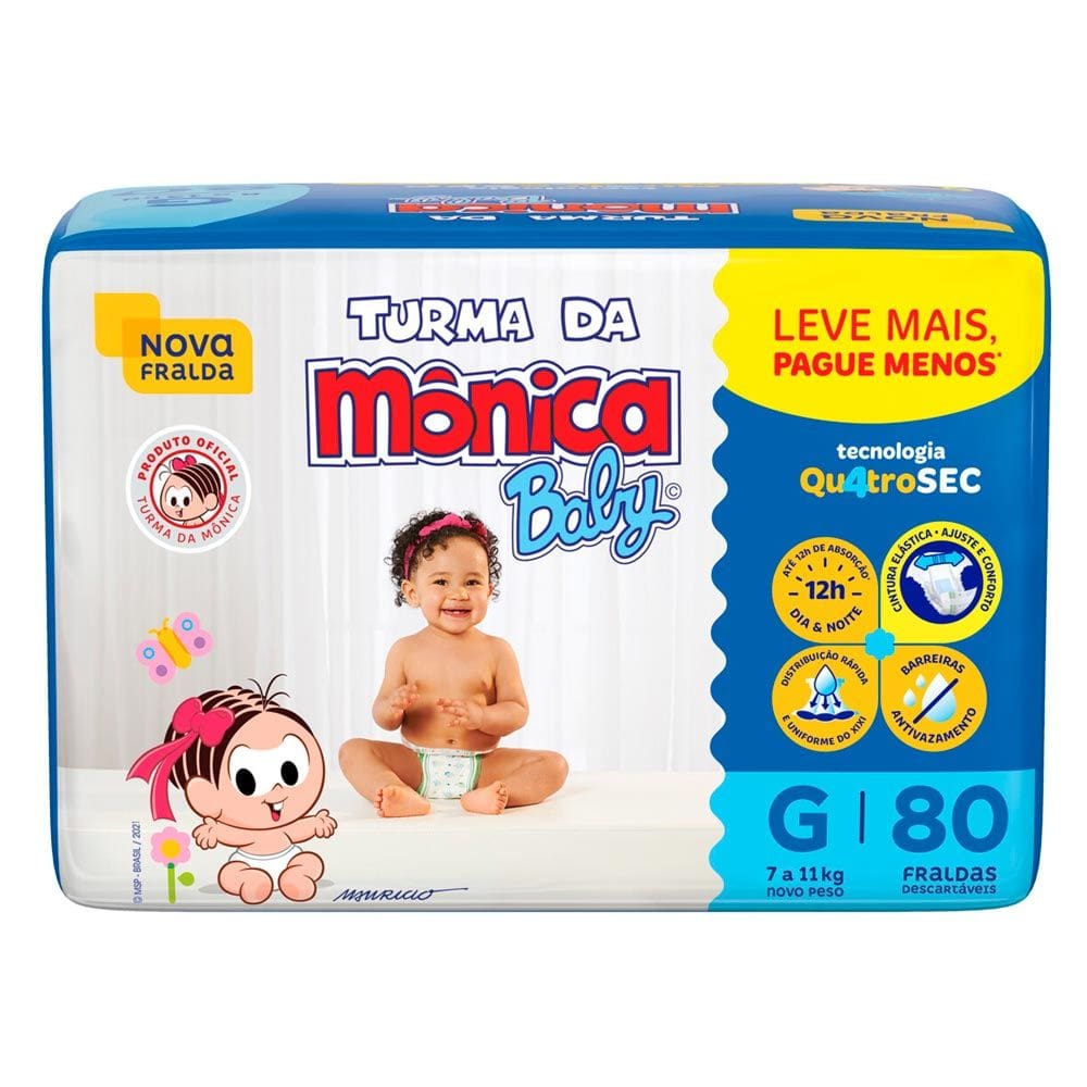 Fralda Turma Mônica Baby Giga Tamanho G 80 Unidades Leve Mais e Por Menos