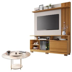 Estante Home Theater Artheo Cinamomo Off White e Mesa de Centro Sky com Tampo de Vidro Off White- HB Móveis
