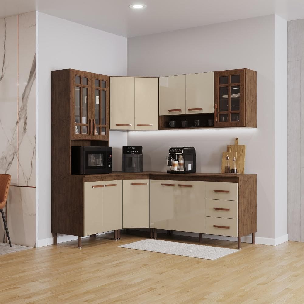 Cozinha Modulada Completa Fidelitá Lisboa 5 Peças 340cm 12 Portas 3 Gavetas Com Tampo Noce/Off-White