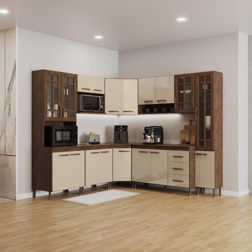 Cozinha Modulada Completa Fidelitá Lisboa 8 Peças 445cm 18 Portas 3 Gavetas Com Tampo Noce/Off-White