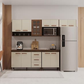 Cozinha Modulada Completa Fidelitá Lisboa 5 Peças 260cm 11 Portas 3 Gavetas Com Tampo Noce/Off-White