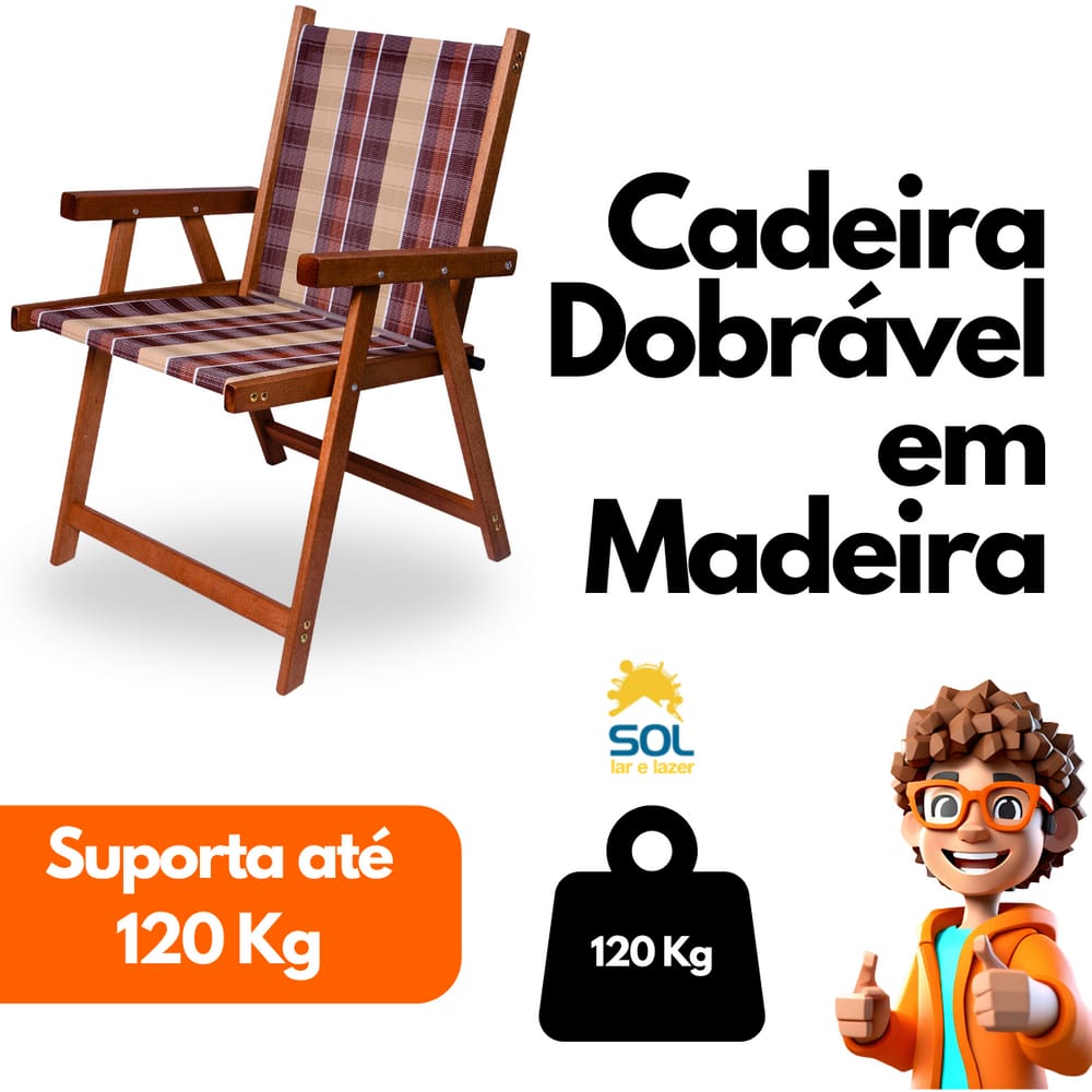 Cadeira de Madeira Varanda Piscina Jardim Sacada Suporta 120kg Dobrável Marrom Sol Lar e Lazer