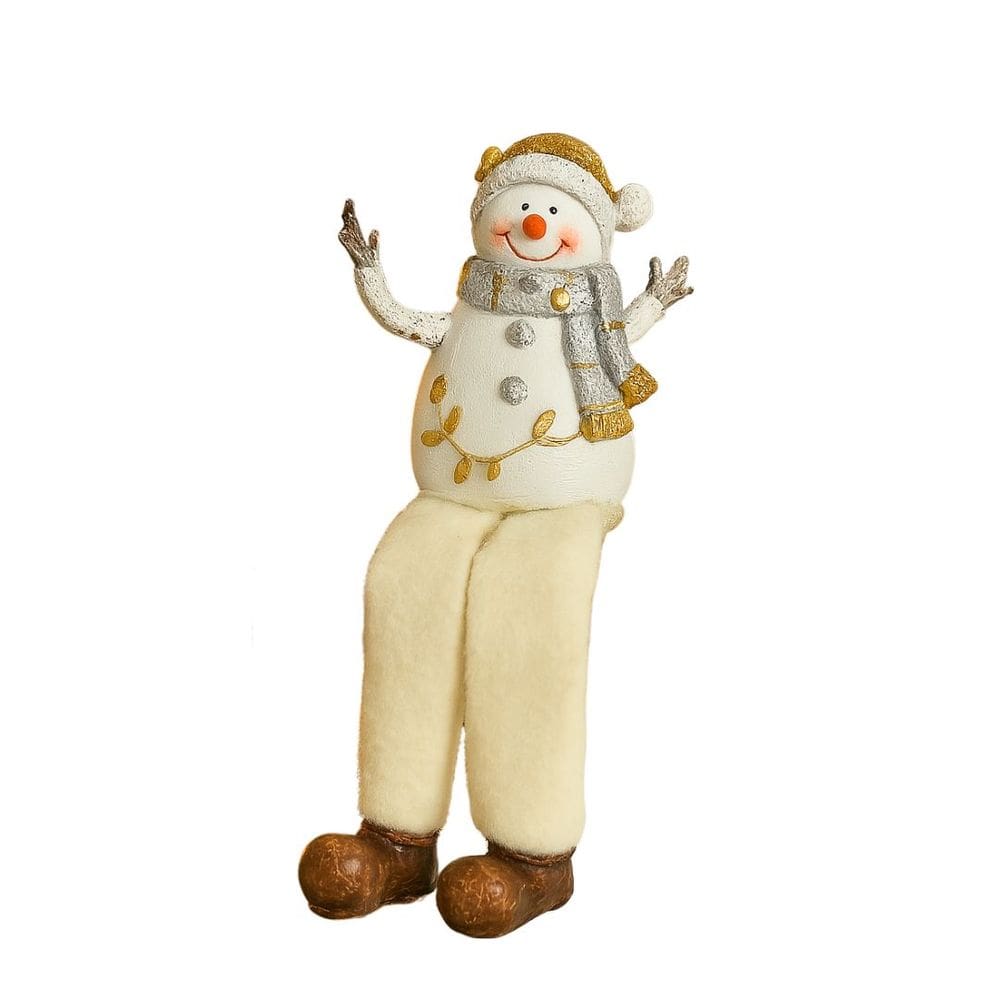 Boneco de Neve Decorativo Resina Sentado Branco e Dourado 18cm - Nataluz