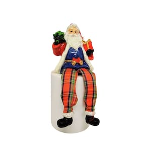 Papai Noel Decorativo Resina Sentado Calça Xadrez 18cm - Nataluz