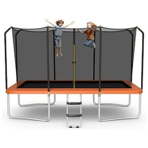 Trampolim retangular Goplus 8FT x 14FT, trampolins recreativos com rolamento de 440LBS com escada antiderrapante de rede de gabinete,