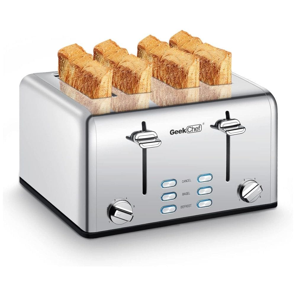 Torradeira Geek Chef Stainless Steel 4 Fatias, com Slots Extra Largos para Bagels, Bandeja Removível, Funções de Cancelar, Descongelar e