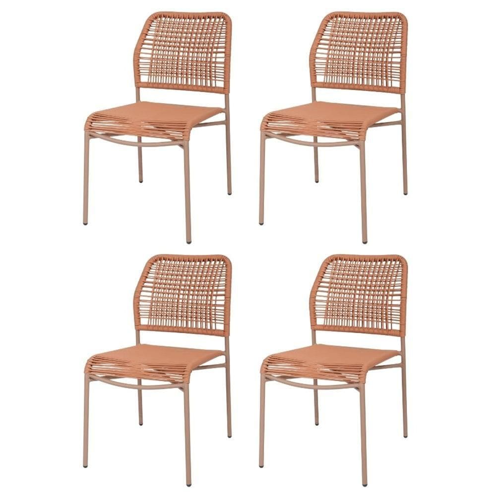 Kit 4 Cadeiras Empilhável Leme Fratini Aço Terracota Assento e Encosto Trama Corda Náutica Terracota