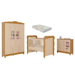 Quarto de Bebê Ariel 4 Portas com Berço Americano Mirelle Off White Bétula com Colchão Gazin –Carolina Baby