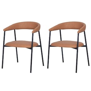 Kit 2 Cadeiras com Braço Chamonix Olivia Fratini Estofado PU Caramelo Base Aço Carbono Preto