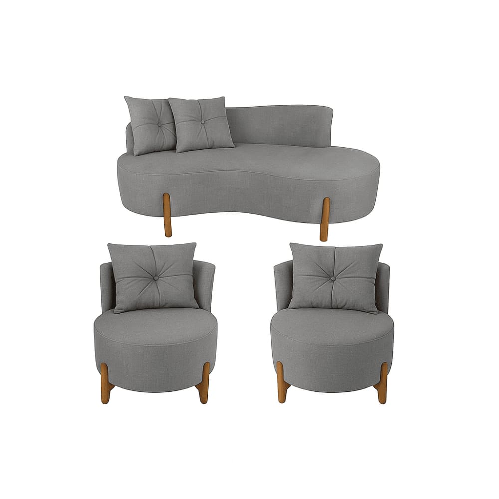 Conjunto 2 Poltronas + Sofá Curvo Orgânico Boucle Cinza - Montanaris Decor