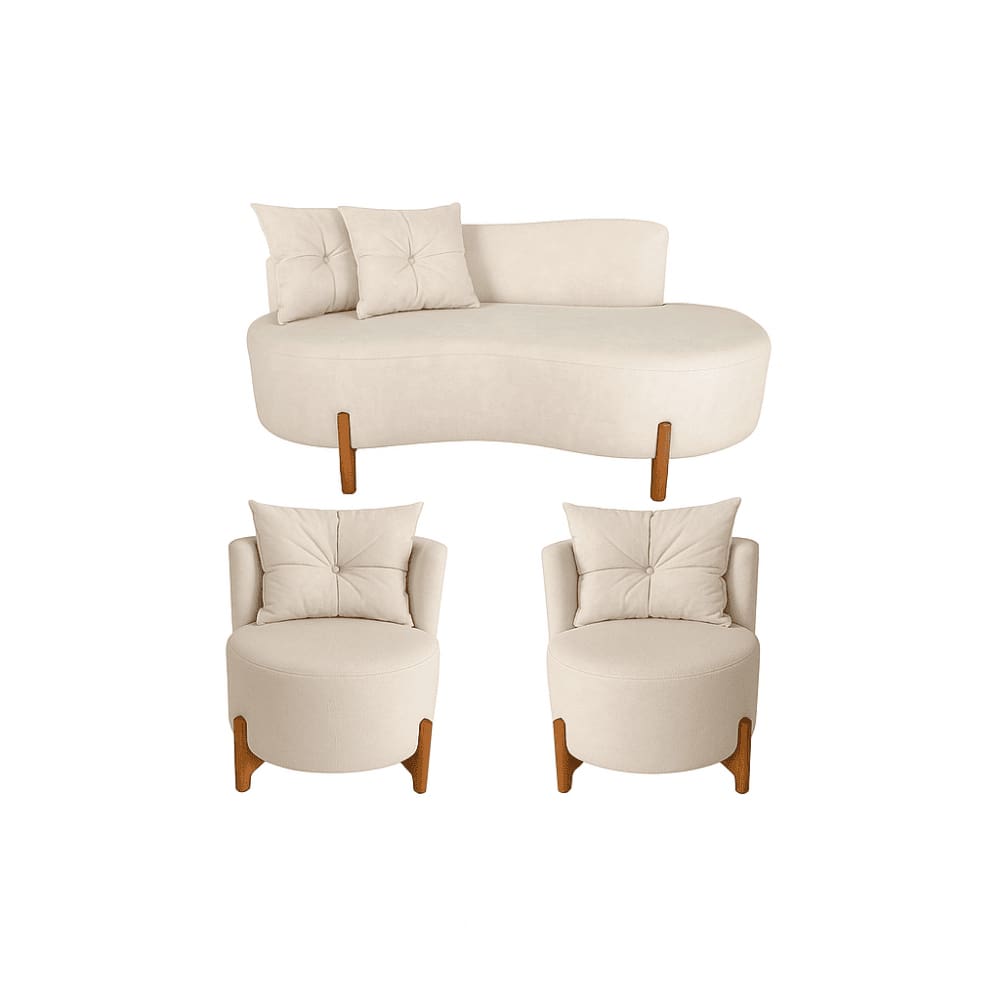 Conjunto 2 Poltronas + Sofá Curvo Orgânico Boucle Bege - Montanaris Decor