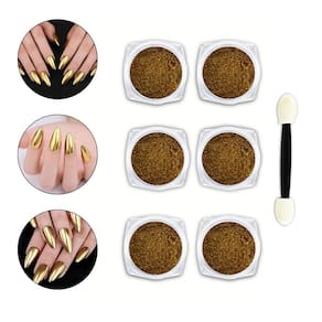 Kit 6 Pó Cromado Metalizado Dourado Unhas De Gel + 6 Pincéis