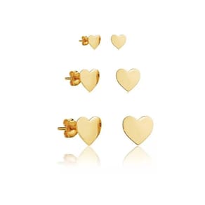 Kit Trio De Brincos Coração Chapa De 8mm, 6mm E 4mm Banhado Em Ouro 18k