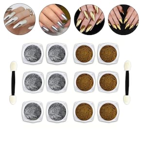 Kit 12 Pó Cromado Metalizado Unhas Prata + Dourado + Pincéis